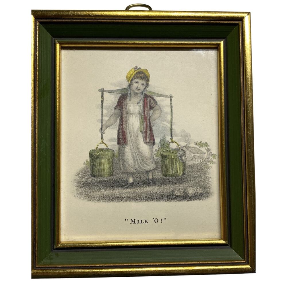 Framed 19th-Century British Hand Colored Engraving Print Matted "Milk O!" Print